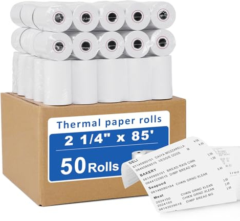 (50 Rolls) 2 1/4 X 85 Thermal Receipt Paper Rolls- Fits All Pos Cash Registers, For Clover POS Cash Register Printers-Premium Quality German Paper