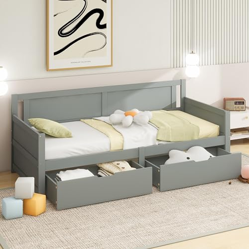 Jovify Schlafsofa 90x200 cm, Tagesbett mit 2 Schubladen, Kinderbett Funktionsbett mit Lattenrost, Sofabett Einzelbett Bettgestell Bettsofa Gästebett Jugendbett, Massivholzrahmen, Ohne Matratze, Grau