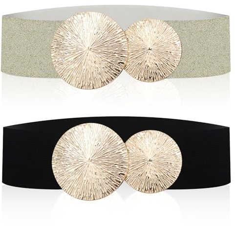 SPOKKI 2 Ceintures Élastiques Vintage, Ceinture Élastique pour Femme, Noir et Doré, Taille Unique, 6 x 70 cm