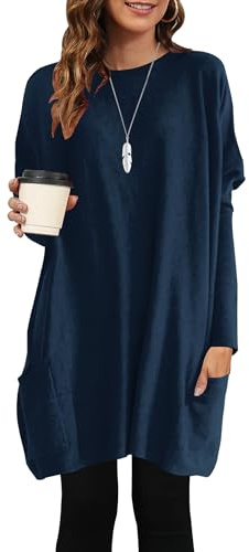 AUSELILY Long Sleeve Tops Women Lightweight Jumpers Long | Ladies Oversized T-Shirts Loose Tunic Tops Crew Neck Drop Shoulder Sweatshirts with Pockets for Leggings