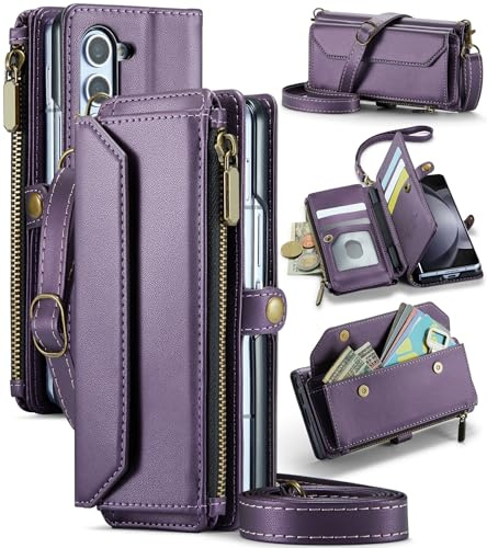 Phone Case for Samsung Galaxy Z Fold 6 5G 2024 Zipper Wallet Cover with Crossbody Wrist Strap Leather S Pen Flip RFID Blocking Credit Cash Card Holder Cell ZFold6 Z6 G Fold6 6Z Women Girls Men Purple