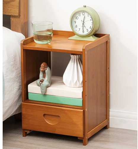 Table de chevet moderne en bambou avec tiroirs et armoire de rangement pour chambre à coucher et salon, pour petits espaces, 28 x 25 x 40 cm, finition noyer