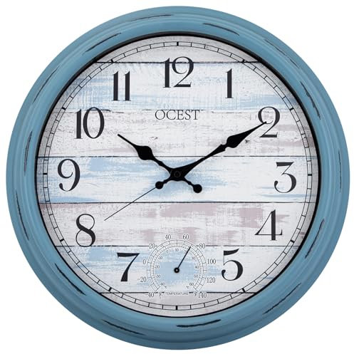 OCEST Gartenuhren, wasserdicht, große Wanduhr mit Thermometer, leise, nicht tickend, batteriebetrieben, Dekoration für Terrasse, Pool, Veranda, Garten (Ozeanblau)
