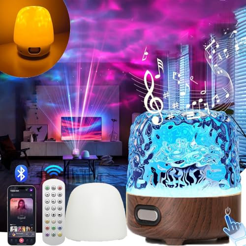 Northern Lights Projector, Mushroom Lampshade Lamp with Stepless Dimming, 16 Colors Ocean Lamp 3-Light Mode Flame Lamp with Remote Control, Wave Touch Lamp, Music & Stories for Bedroom ,Walnut