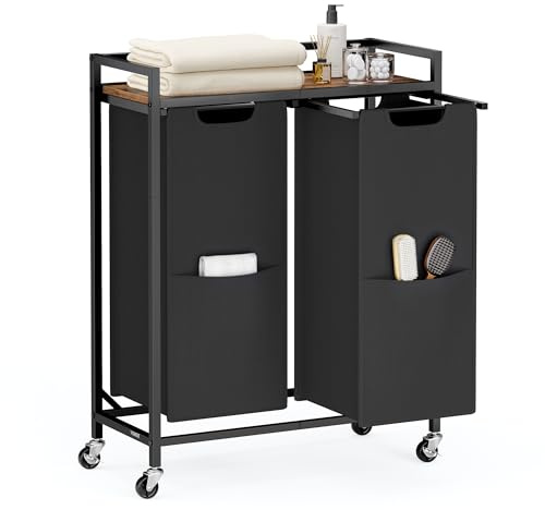 VASAGLE Laundry Basket, 29 Gal. (110 L) Laundry Hamper Sorter Cart with 2 Compartments， Storage Shelf, Wheels, Removable Bags, Pockets, Ink Black and Rustic Brown BLH021B01