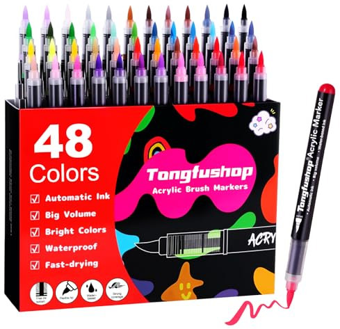 Tongfushop 48 Acrylstifte für Steine Wasserfest, Pinsel Spitze Acrylstifte Set, Schnelltrocknende Steine Bemalen Acrylmarker Stifte für Rock, Glas, Holz, Keramik, Stoff, Basteln Ostern, Weihnachten