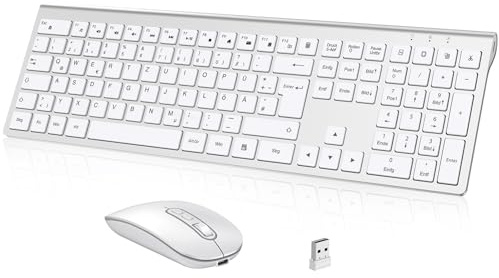 cimetech Tastatur Maus Set Kabellos, Ultra-Dünne Wiederaufladbare Kabellose Tastatur und Maus Ergonomisch Funktastatur QWERTZ Layout, Ultra SlimThin für Computer/Desktop/PC/Laptop/Windows (Silber)