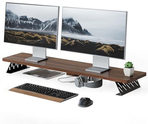 Fenge Supporto per Doppio Monitor in Legno, Organizer Ergonomico per Scrivania per PC, Laptop Stampante, L108xW23.5 xH10cm Capacità di carico 30KG Marrone
