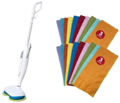 Venteo Balai Electrique ET Chiffons DE Nettoyage Microfibre - Balai Vapeur Automatique Double tête rotative - Serviettes Tout Usage – Douce Anti Rayure