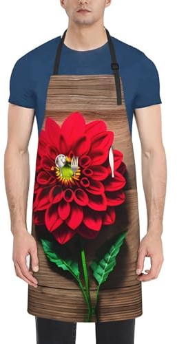 Tablero de madera retro con estampado de dalia roja, 28 x 33 pulgadas, delantal impermeable con bolsillos, delantal versátil de moda para hornear, Negro -, talla única