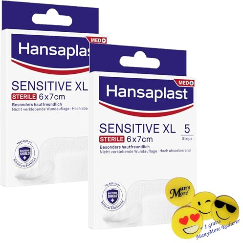 ▓ DOPPELPACK ▓ Hansa plast Sensitive XL - Pflaster, je 5 Wundpflaster in Größe 6 x 7 cm - Wundverband mit gutem Halt, aber sanft wieder zu entfernen +gratis ManyMore Radierer