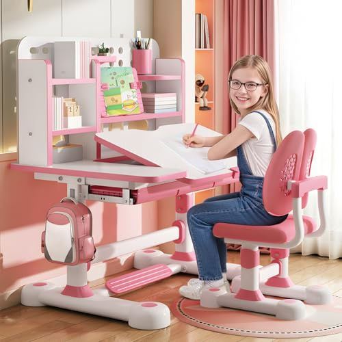 yulewiix Kinderschreibtisch, Kinder Schreibtisch, Height Penctable Schreibtisch und Stuhl Set mit Bücherregal Lagerschublade, 50-Grad-Neigungsschiff-Desktop-Studientisch für Junge, Mädchen (Rosa)