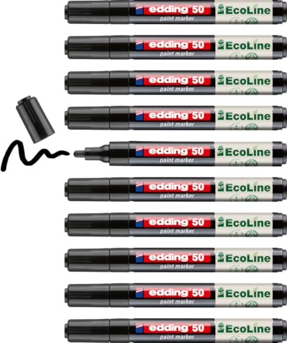 edding 50 EcoLine Lackmarker – schwarz – 10 Stück – Rundspitze 2-3 mm – wasserbasierte Tinte, stark deckend & wasserfest – Lackstift für Glas, Stein, Holz, Kunststoff und Papier