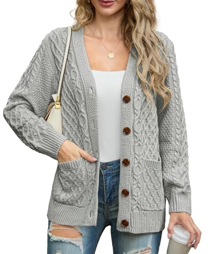 GRECERELLE Suéteres de mujer con cable de aran de punto, manga larga, botones, con bolsillos, de gran tamaño, para otoño, invierno y primavera, gris claro, L