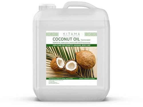 Kitama Kokosöl fraktioniert 5L - Geruchsloses Massageöl | Flüssiges & neutrales Pflanzliches Trägeröl aus Kokosnüssen für ätherische Öle sowie zur Pflege von Haut und Haar