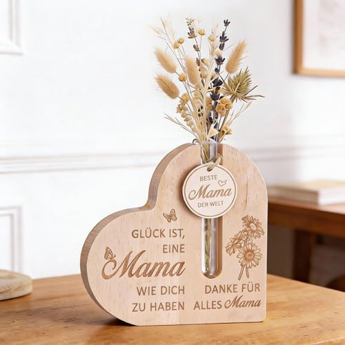 Geiserailie Geburtstagsgeschenk für Mama Muttertagsgeschenk von Tochter Holz Herzvase mit Gravur für Weihnachten Beste Mama Geschenk für Patentante Schwiegermutter