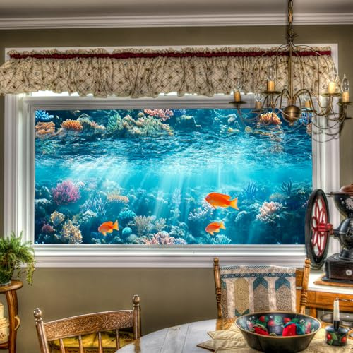 HOMETITUTE Underwater Coral Reef Pattern Rainbow Window Film 39.3x17.7 inches Non-Adhesive Removable Reusable for Glass Door Home and Office Bedrooms PVC Static Cling Sticker