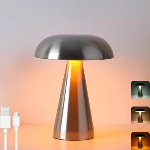 LOGT Mushroom Table Lamp Wireless Rechargeable Mushroom Light USB Rechargeable Battery Mushroom Lamp Dimmable with Touch Control Table Light Indoor and Outdoor Flowerpot Lantern for Bedroom,Silver