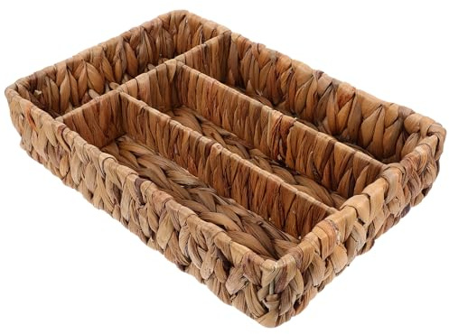 Angoily Panier de Rangement Rectangulaire en Jacinthe d'Eau Naturel Grand Format Organiseur Multi-Compartiments pour Couverts Baguettes et Ustensiles Support Tiroir Polyvalent Cuisine
