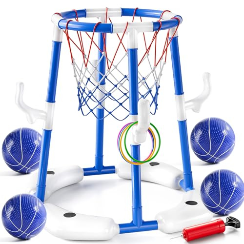 JUKUDAHU Pool Basketball Hoop for Kids 3-12, 2-in-1 Floating Pool Toys | Ring Toss Game, 4 Balls, Pump, Outdoor Swimming Pool Game Water Toy, Family Party for Boys Girls Adults