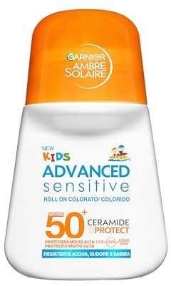 Garnier Ambre Solaire Kids Protezione Solare Bambino Roll-On SPF 50+, 50 ml | per Pelli Sensibili, Protezione Avanzata Anti UVA e UVB, Resistente ad Acqua, Sudore e Sabbia, Finish Colorato