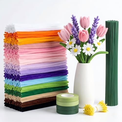 Bloomhüan Piprensare blomset | piprengörare för pyssel i 8 färger med 30 blomtråd och presentband för kreativa gör-det-själv-blombuketter