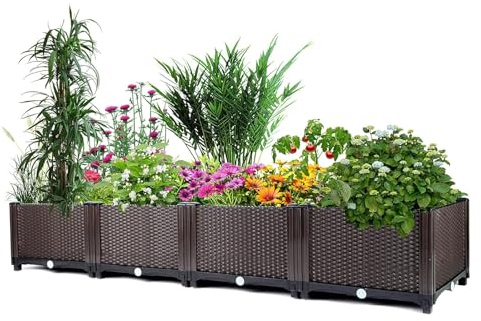 Aptliton Jardinière sur Élevée PP 4 Bacs Modulables, Bac à Fleurs Rectangulaire Style Rotin, Jardiniere Exterieur Grande Taille, Carré Potager Surélevé 160 x 40 x 20 cm, Marron