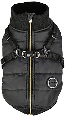 Puppia Hundejacke für kleine Hunde und mittelgroße Hunde - wasserdicht und mit Fleece gefüttert für angenehme Wärme - Hundemantel mit Geschirr, schwarz, S