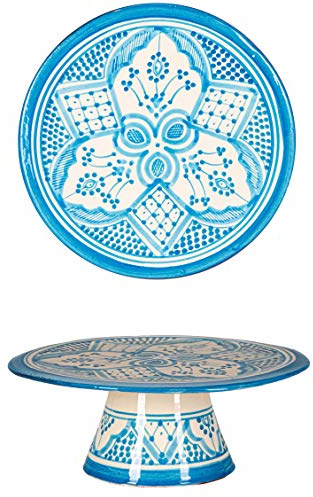 Orientalische Tortenständer Tortenplatte Safroun blau Ø 21cm Groß | farbige marokkanische Keramik Kuchenplatte rund mit fuß bunt aus Marokko | Kuchenständer flach Geschirr orientalisch handbemalt