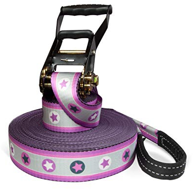 Slackline Set, Sterne pink, 25 Meter Länge, Komplettset für Kinder, Anfänger und Familien, inklusive Halteseil und Tragebeutel (25)