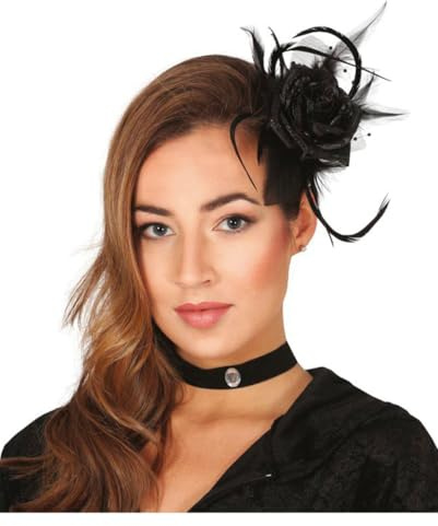 Horror-Shop Blumen Haarspange mit Rose und Federn in Schwarz als Kostümaccessoire für Halloween und Karneval