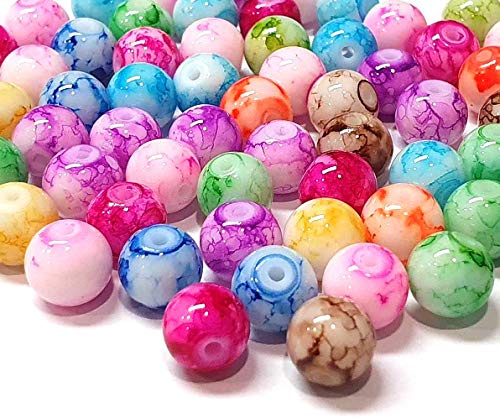 Perlin Glasperlen Perlenset 4/6/8 mm, Bunt, Rund Bastelset, Edelstein Perlen Effekt, Perlenmischung, Schmuckperlen zum Fädeln (8mm - 200 Stück)