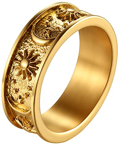 JewelryWe Schmuck Herren-Ring Damen Ring Edelstahl Sonne Stern Mond Verlobungsring Hochzeitring Boho Ring Geschenk für Männer Gold 8mm