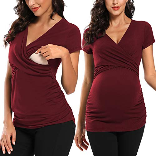 Love2Mi Maternity Nursing Tops Short & Long Sleeve V-Neck Breastfeeding Tops for Women Pregnancy Maternity Tops Wine Red
