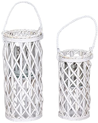 levandeo 2er Set Laterne Windlicht H40cm H31cm Weiß Holz Weiden-Laterne geflochten Glaseinsatz Kerzenhalter Garten Deko