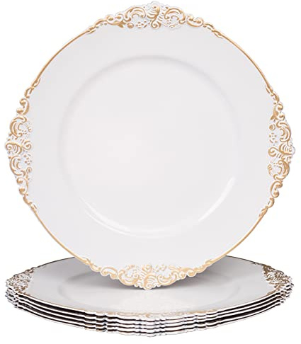 MAONAME White Charger Plates with Gold Rim, Round Antique Plate Chargers for Dinner Plates, 13 Plastic Charger for Wedding Table Setting, Set of 6