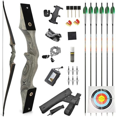 HNZMDY 60 Zoll Takedown Recurve Bogen und Pfeil Set Erwachsene Teenager Bogen 20-60LBS Jagdbogen Sportbogen Rechts/Links Hand Langbogen Bogenschießen Ziel Übung (60lbs, Grau/Linke Hand)
