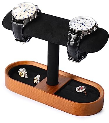 Oirlv Solid Wood Watch Stand T-bar Watch Holder Organizer for Men and Women Showcase Bracelet Bangle Jewelry Display Stand Rings Earrings Necklace Storage(Black)
