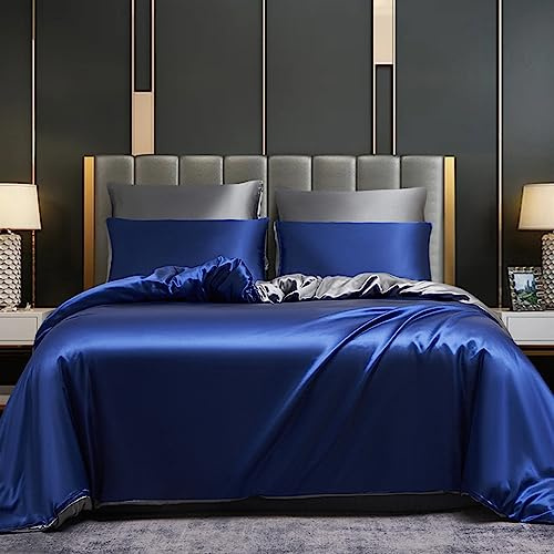 DXHOME Satin Bettwäsche 220x240cm Blau Dunkelblau Grau Einfarbig Wende Glanzsatin Bettwäsche Set Uni Einfarbig Glatt Glänzend Bettbezug Sets mit Reißverschluss und 2 Kissenbezüge 80 x 80cm