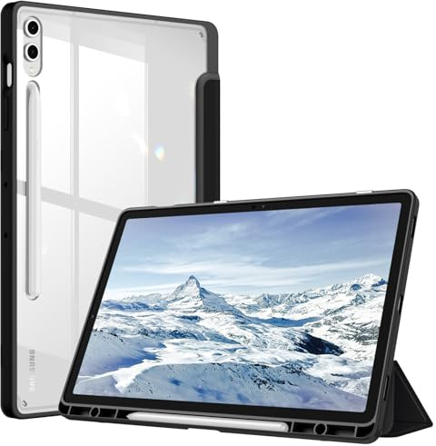 Fintie Hybrid Hülle für Samsung Galaxy Tab S10+ Plus/S9 FE+ Plus/S9+ Plus 12.4 Zoll Tablet mit Stifthalter - Stoßfeste Schutzhülle mit transparenter Hartschale auf der Rückseite, Schwarz | Mit S-Stifthalter, stoßfeste Abdeckung mit klarer, transparenter Rückseite, automatische Wake/Sleep-Funktion, Schwarz