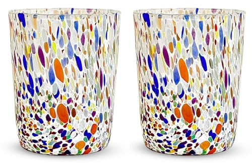 Gocce di Murano 2 verres à eau travaillés selon la tradition des artisans de Murano, verre soufflé et travaillé à la main 300 ml - verres à eau verre arc-en-ciel pluie