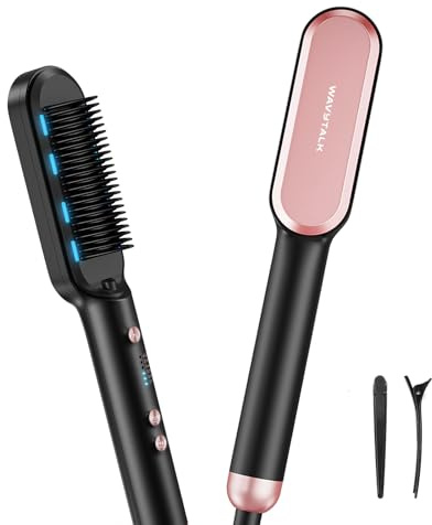 Wavytalk Hair Straightener Brush,Sleek Sweep Ionic Straightening Brush with 6 Temperature Adjust, Anti-Scald Ceramic Hair Straightener Comb Fast Heating for Home Salon, Dual Voltage, Rose Gold