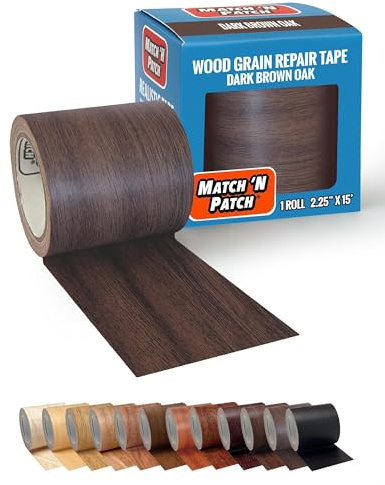 MATCH ’N PATCH Realistic Wood Grain Repair Tape - Self Adhesive Wood Repair Patch for Furniture, Cabinets, Doors, Floors & RVs - Fix Scratches & Damaged Surfaces - Dark Brown Oak, 4.5 m x 5.7 cm