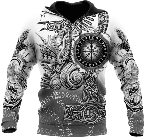 JJLLAZAD Wikinger Hoodie Mjölnir Herren Dame 3D-Druck Thor Hammer Langarm Frühling Herbst Hoodie Nordischer Mythos Berserker Cosplay Kostüm,Helm of awe,XL