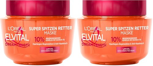L'Oréal Paris Elvital Anti Spliss Haarmaske für langes, geschädigtes Haar, Intensive Haarkur zum Ausspülen, Mit pflanzlichen Vitaminen und Rizinus-Öl, Dream Length Super Aufbau Maske, 1 x 300 ml