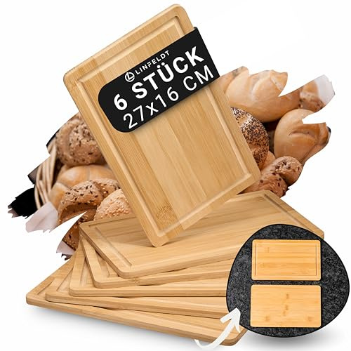 LINFELDT 6er Set Bambus Frühstücksbrettchen Holz 27x16x1cm - Inkl. Saftrille - 6 Holzbretter + eine glatte Seite - Kleine Holzbrettchen - 6 Essbretter aus Bambus