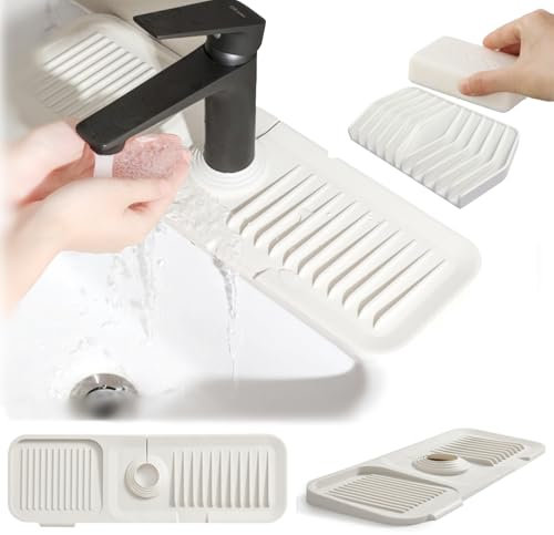 Kitchen Silicone Sink Splash Guard, 5° Slope Type Design Sink Mat,Sink Faucet Handle Drip Catcher Tray Mat Protectors,Sponge Holder and Bathroom Countertop Protect(include 1pcs extra storage mat)