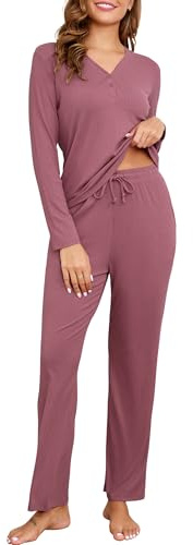 Becotal Pyjamas dam lång, pyjamas-set vinter, tvådelad hemmadräkt bomull, ribbad enfärgad loungewear, mysiga nattkläder varmare, ribbade sovkläder, fritidskläder, 2-delat set, Mörkrosa, L