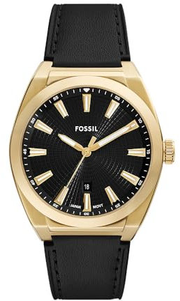 FOSSIL Orologio Everett da uomo, Movimento al quarzo con data a tre lancette e cinturino in pelle o acciaio inossidabile, 42 mm, Nero metallizzato