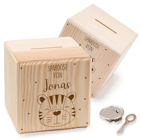 KIDSMOOD - Spardose Kinder aus Holz mit Schlüssel – Personalisiertes Sparschwein mit Namen & niedlichen Motiven – Sparbox zum Geld sparen